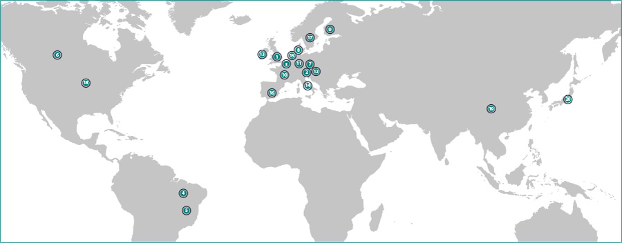 Seventeen participating countries in Europe, North America, and Brazil